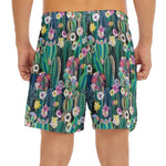 Watercolor Blooming Cactus Print Men's Split Running Shorts