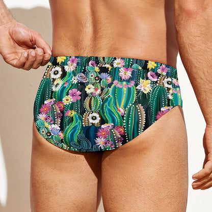 Watercolor Blooming Cactus Print Men's Swim Briefs