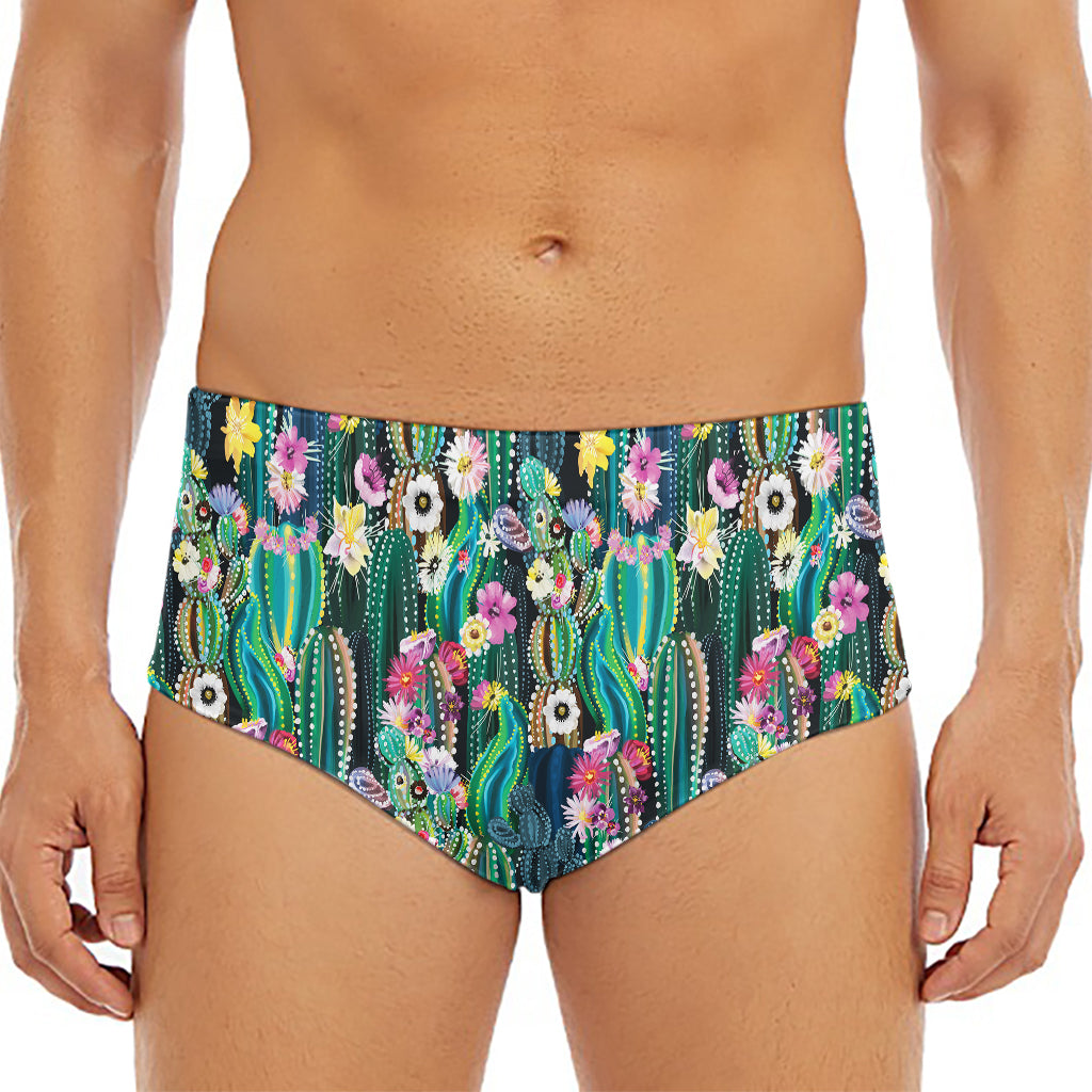 Watercolor Blooming Cactus Print Men's Triangle Swim Briefs