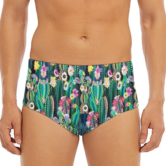 Watercolor Blooming Cactus Print Men's Triangle Swim Briefs