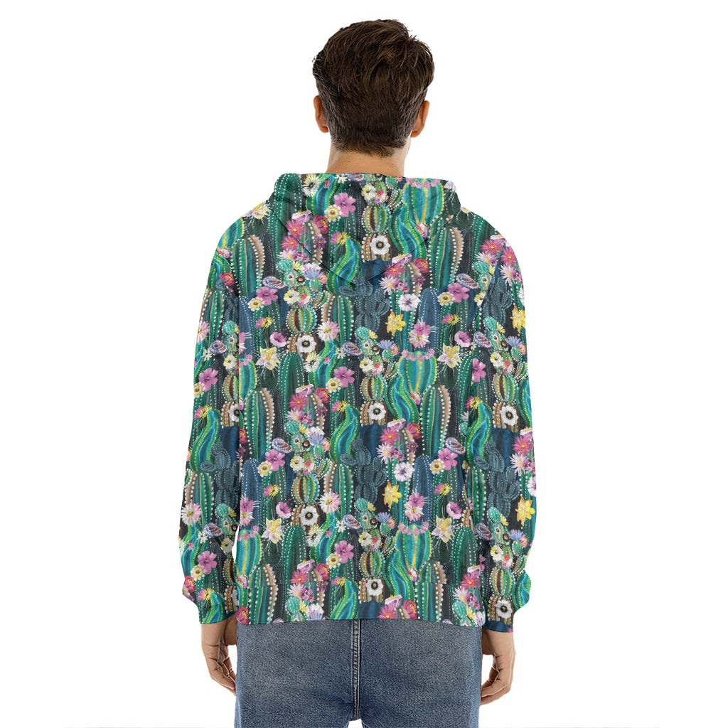 Watercolor Blooming Cactus Print Men's Velvet Pullover Hoodie