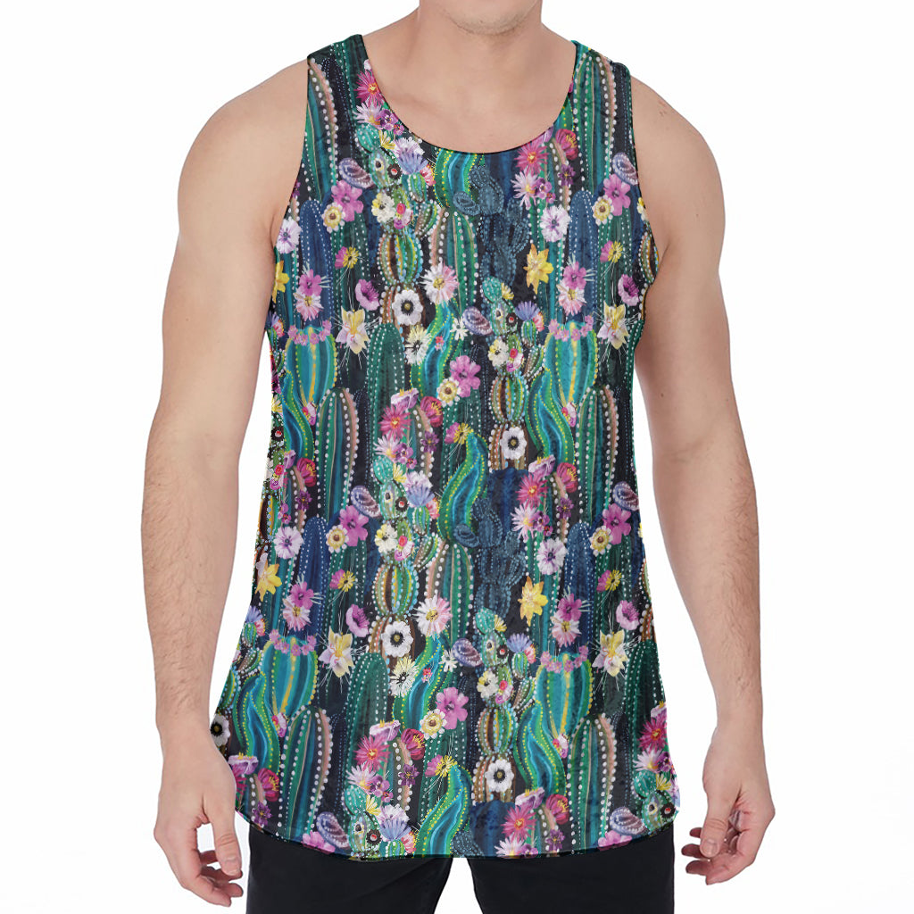 Watercolor Blooming Cactus Print Men's Velvet Tank Top