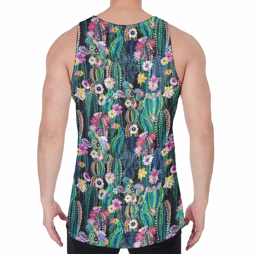 Watercolor Blooming Cactus Print Men's Velvet Tank Top