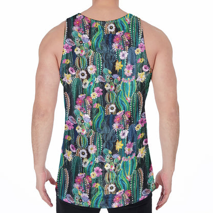 Watercolor Blooming Cactus Print Men's Velvet Tank Top
