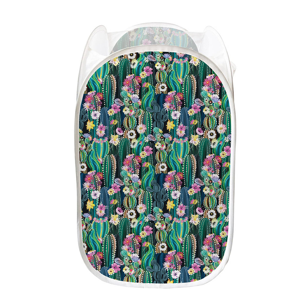 Watercolor Blooming Cactus Print Mesh Laundry Hamper