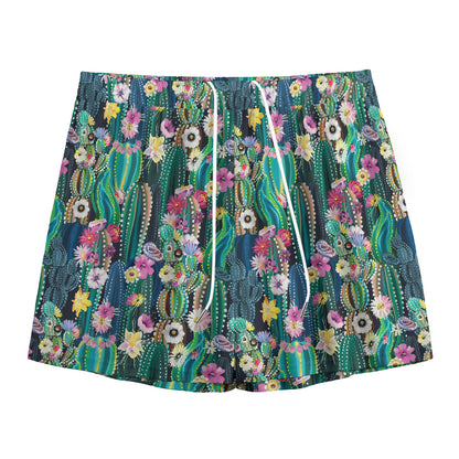 Watercolor Blooming Cactus Print Mesh Shorts