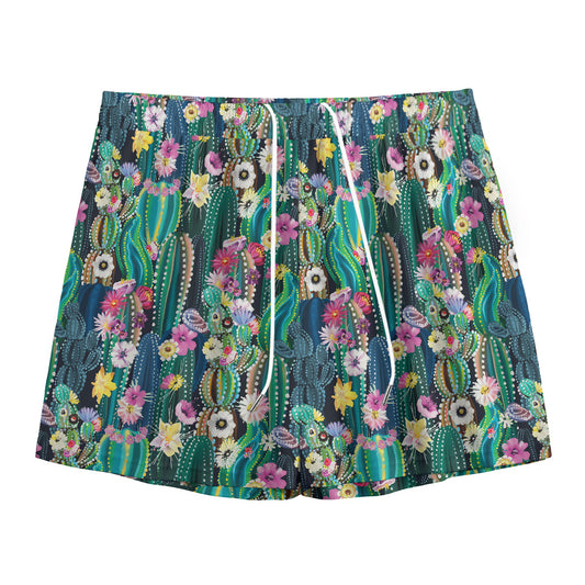 Watercolor Blooming Cactus Print Mesh Shorts
