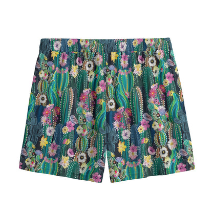 Watercolor Blooming Cactus Print Mesh Shorts