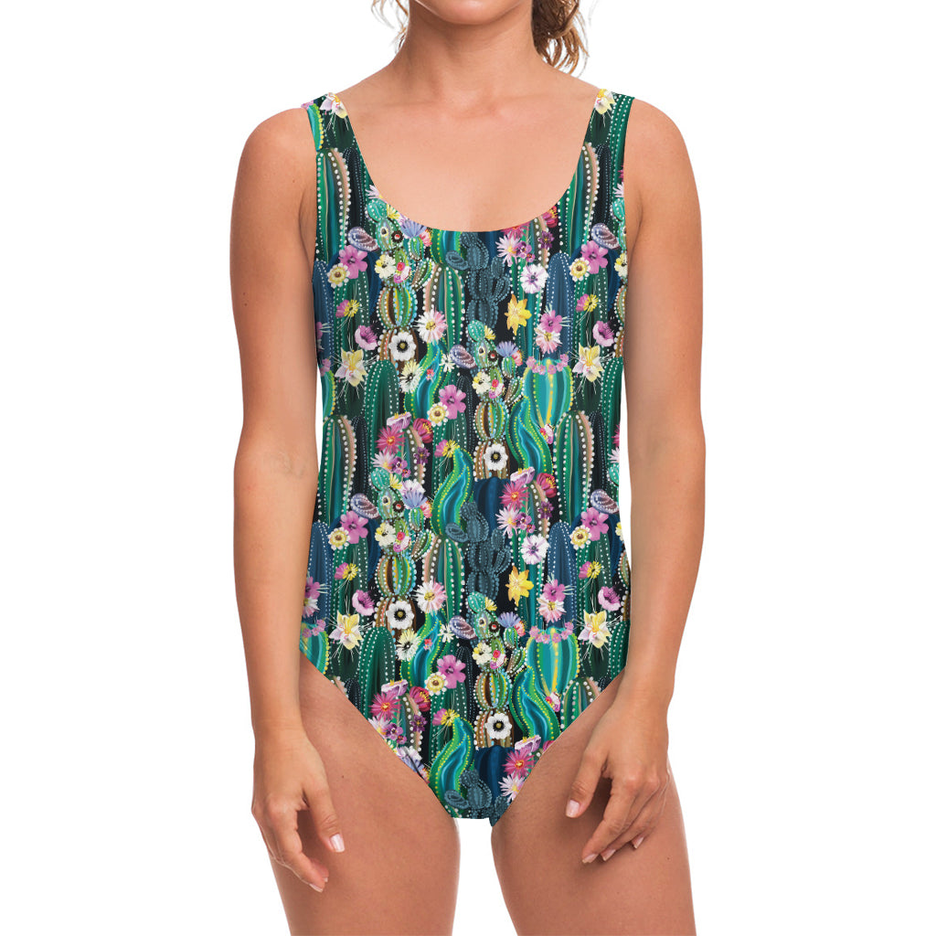 Watercolor Blooming Cactus Print One Piece Swimsuit