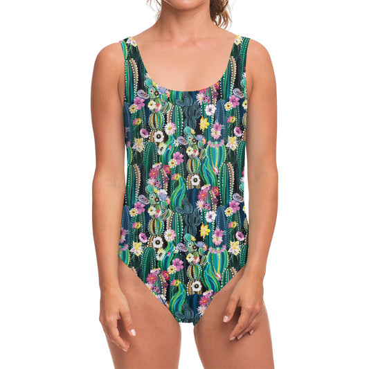 Watercolor Blooming Cactus Print One Piece Swimsuit