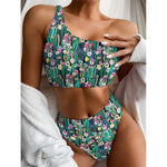Watercolor Blooming Cactus Print One Shoulder Bikini Top