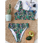 Watercolor Blooming Cactus Print One Shoulder Bikini Top