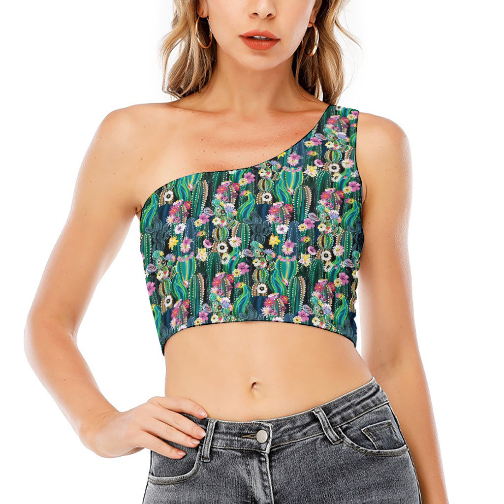Watercolor Blooming Cactus Print One Shoulder Crop Top