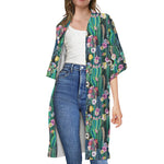 Watercolor Blooming Cactus Print Open Front Beach Cover Up
