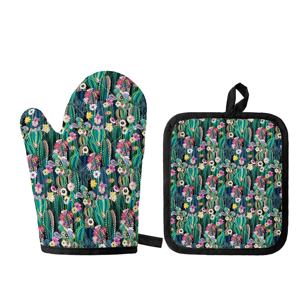Watercolor Blooming Cactus Print Oven Mitt And Pot Holder Set
