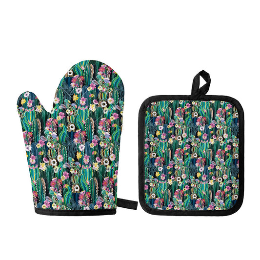 Watercolor Blooming Cactus Print Oven Mitt And Pot Holder Set