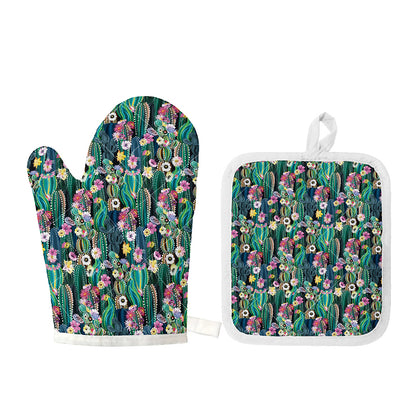 Watercolor Blooming Cactus Print Oven Mitt And Pot Holder Set