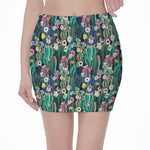 Watercolor Blooming Cactus Print Pencil Mini Skirt