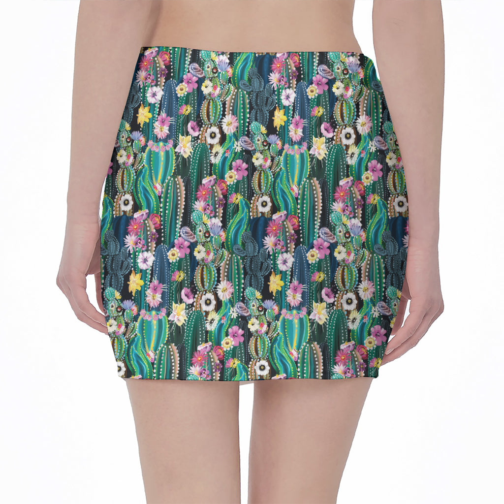 Watercolor Blooming Cactus Print Pencil Mini Skirt