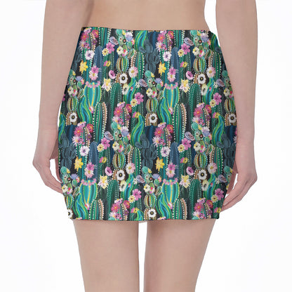 Watercolor Blooming Cactus Print Pencil Mini Skirt