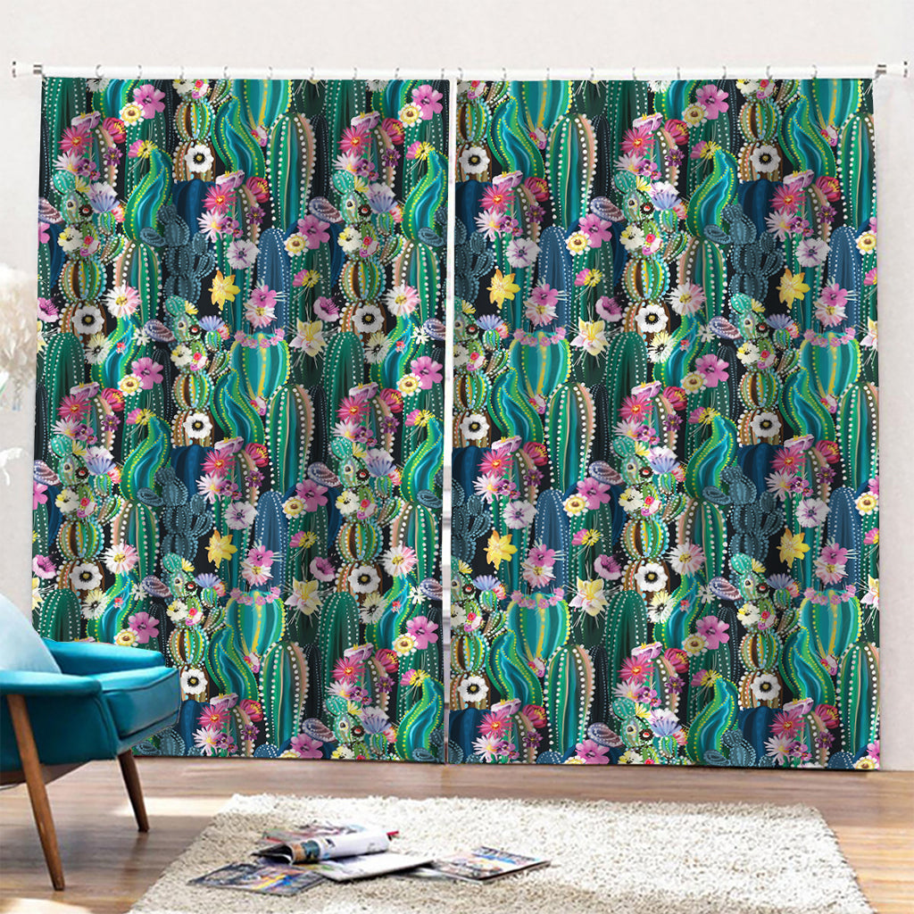 Watercolor Blooming Cactus Print Pencil Pleat Curtains