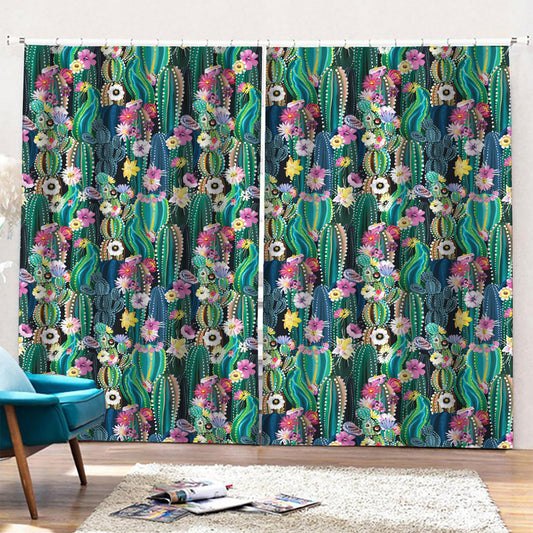Watercolor Blooming Cactus Print Pencil Pleat Curtains