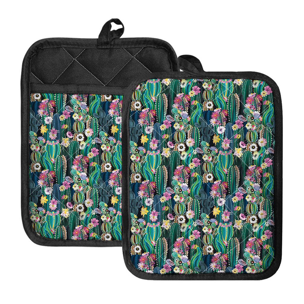 Watercolor Blooming Cactus Print Pot Holders With Pocket