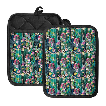Watercolor Blooming Cactus Print Pot Holders With Pocket