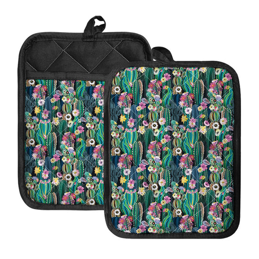 Watercolor Blooming Cactus Print Pot Holders With Pocket