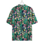 Watercolor Blooming Cactus Print Rayon Hawaiian Shirt