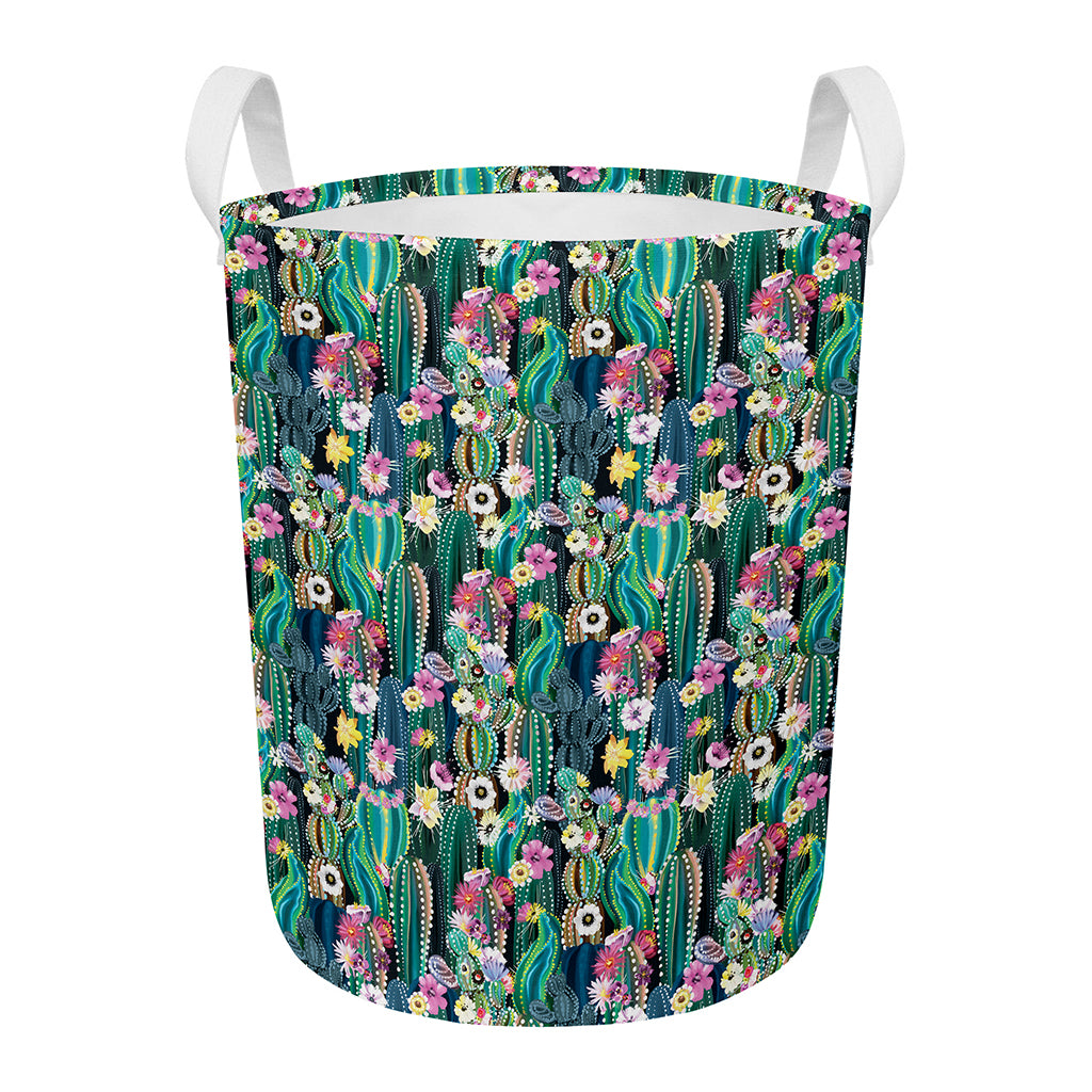 Watercolor Blooming Cactus Print Round Laundry Basket