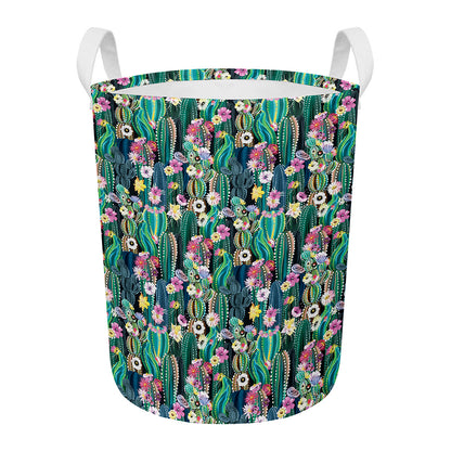 Watercolor Blooming Cactus Print Round Laundry Basket