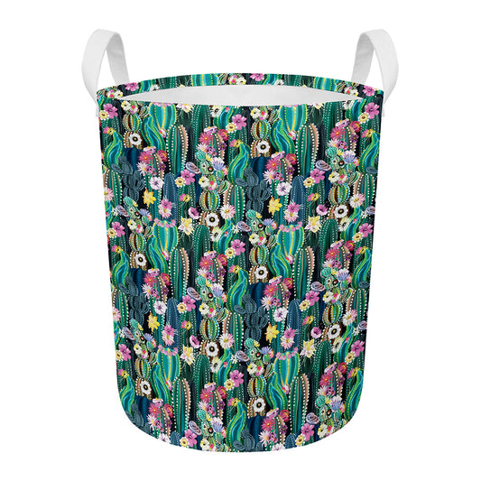 Watercolor Blooming Cactus Print Round Laundry Basket