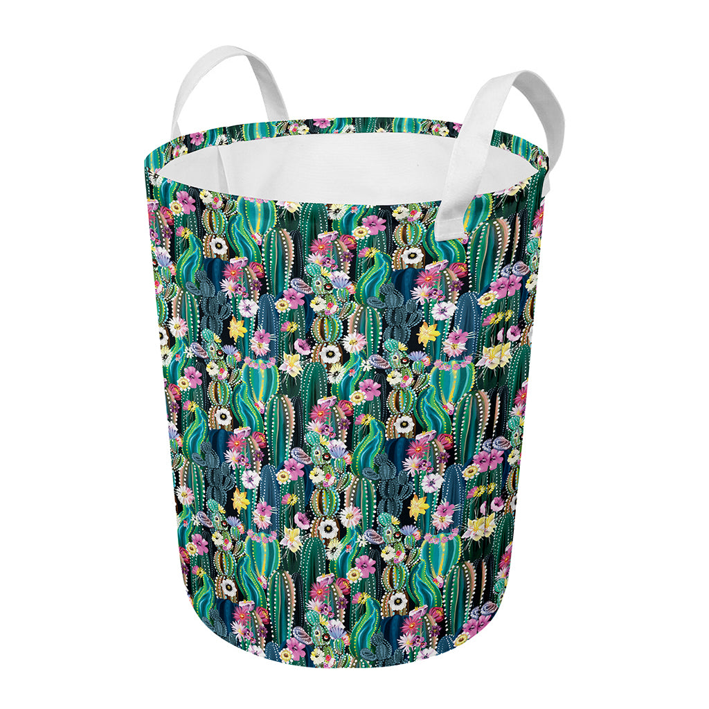 Watercolor Blooming Cactus Print Round Laundry Basket
