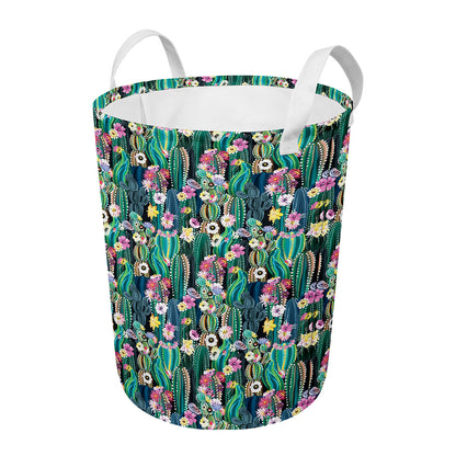 Watercolor Blooming Cactus Print Round Laundry Basket