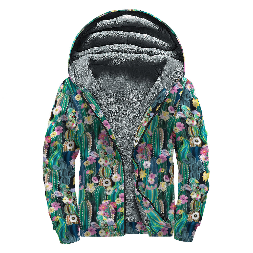 Watercolor Blooming Cactus Print Sherpa Lined Zip Up Hoodie