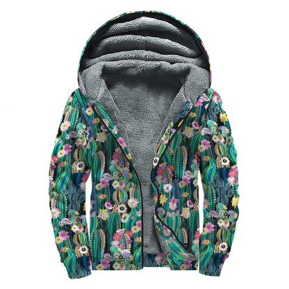 Watercolor Blooming Cactus Print Sherpa Lined Zip Up Hoodie