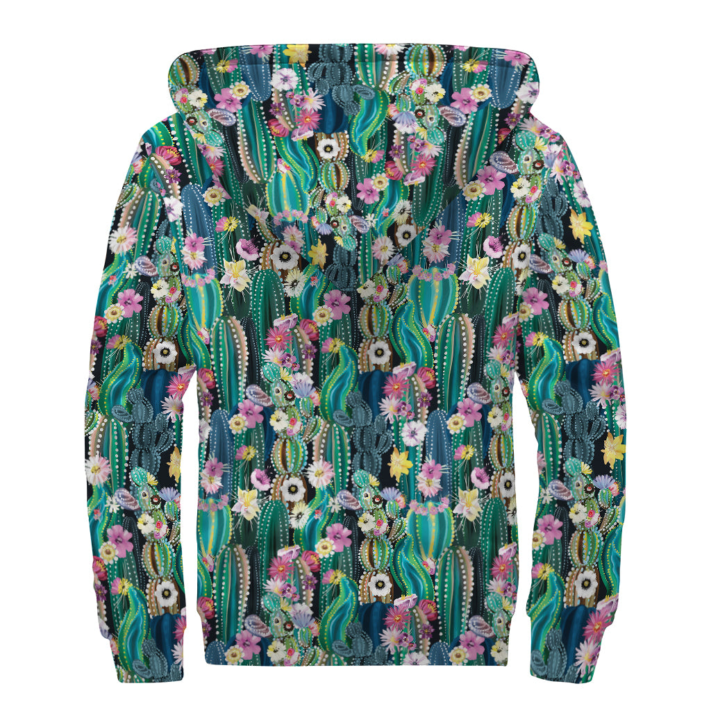 Watercolor Blooming Cactus Print Sherpa Lined Zip Up Hoodie