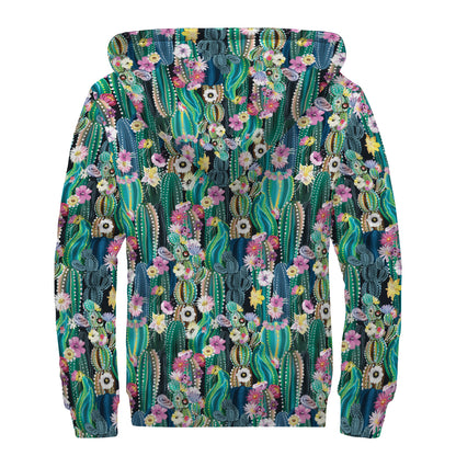 Watercolor Blooming Cactus Print Sherpa Lined Zip Up Hoodie