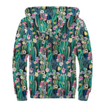 Watercolor Blooming Cactus Print Sherpa Lined Zip Up Hoodie