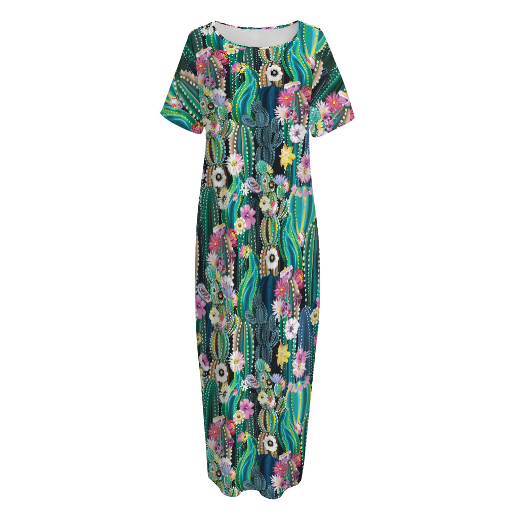 Watercolor Blooming Cactus Print Short Sleeve Long Nightdress