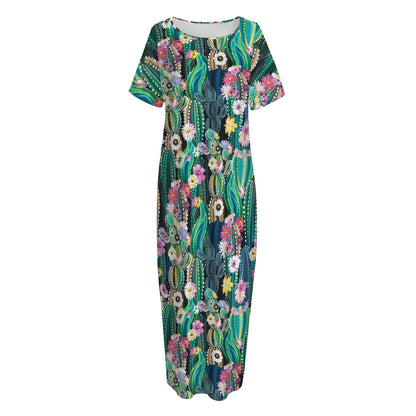 Watercolor Blooming Cactus Print Short Sleeve Long Nightdress