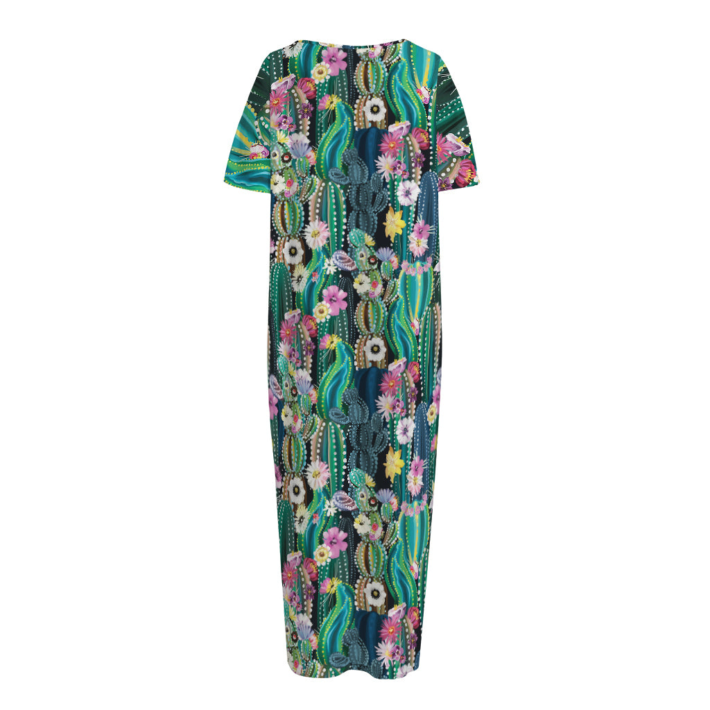 Watercolor Blooming Cactus Print Short Sleeve Long Nightdress
