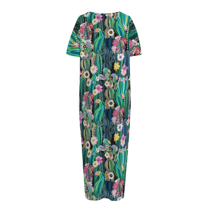 Watercolor Blooming Cactus Print Short Sleeve Long Nightdress