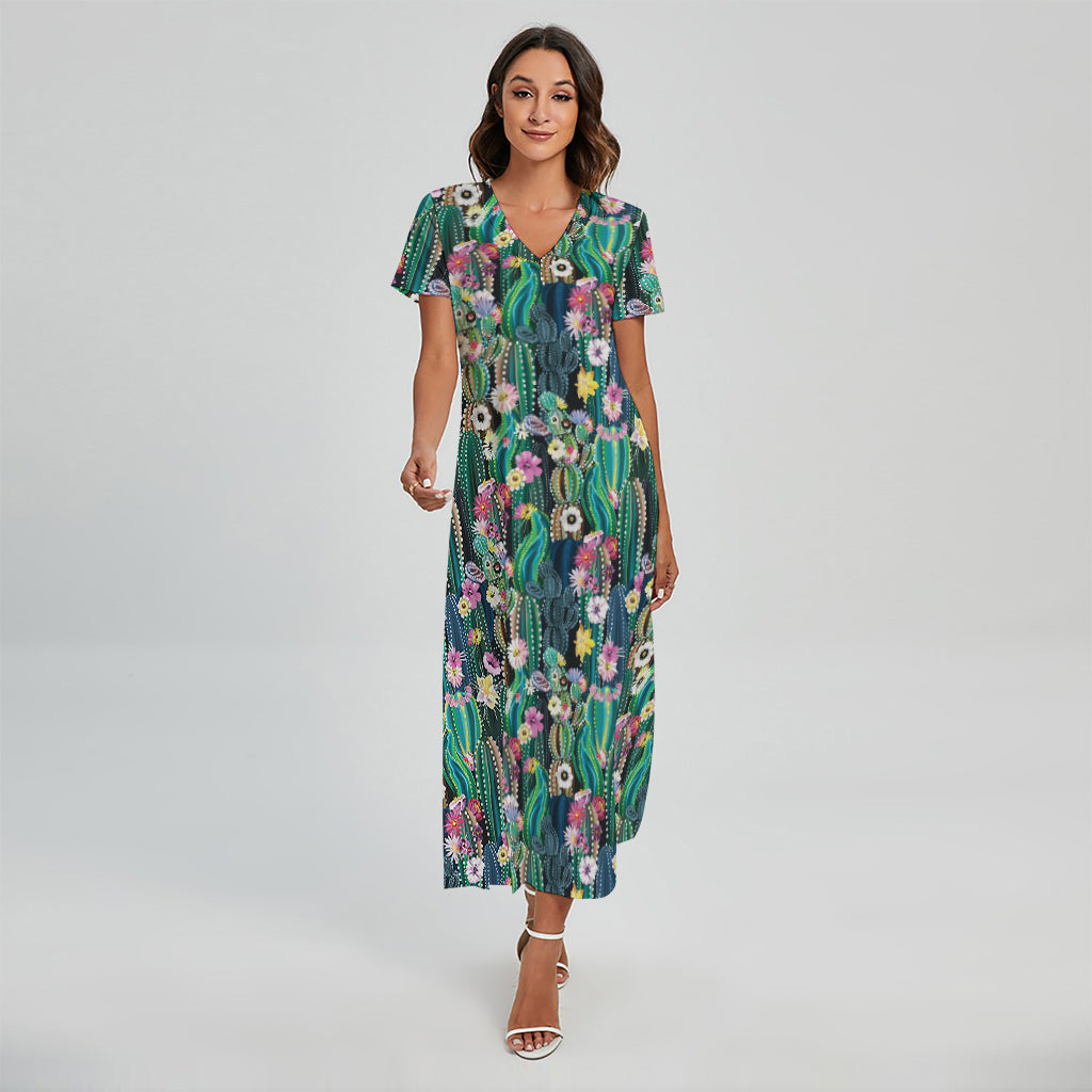 Watercolor Blooming Cactus Print Short Sleeve Maxi Dress