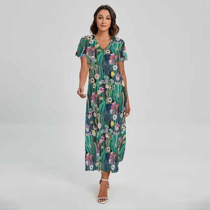Watercolor Blooming Cactus Print Short Sleeve Maxi Dress