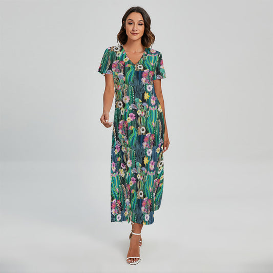 Watercolor Blooming Cactus Print Short Sleeve Maxi Dress
