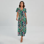 Watercolor Blooming Cactus Print Short Sleeve Maxi Dress