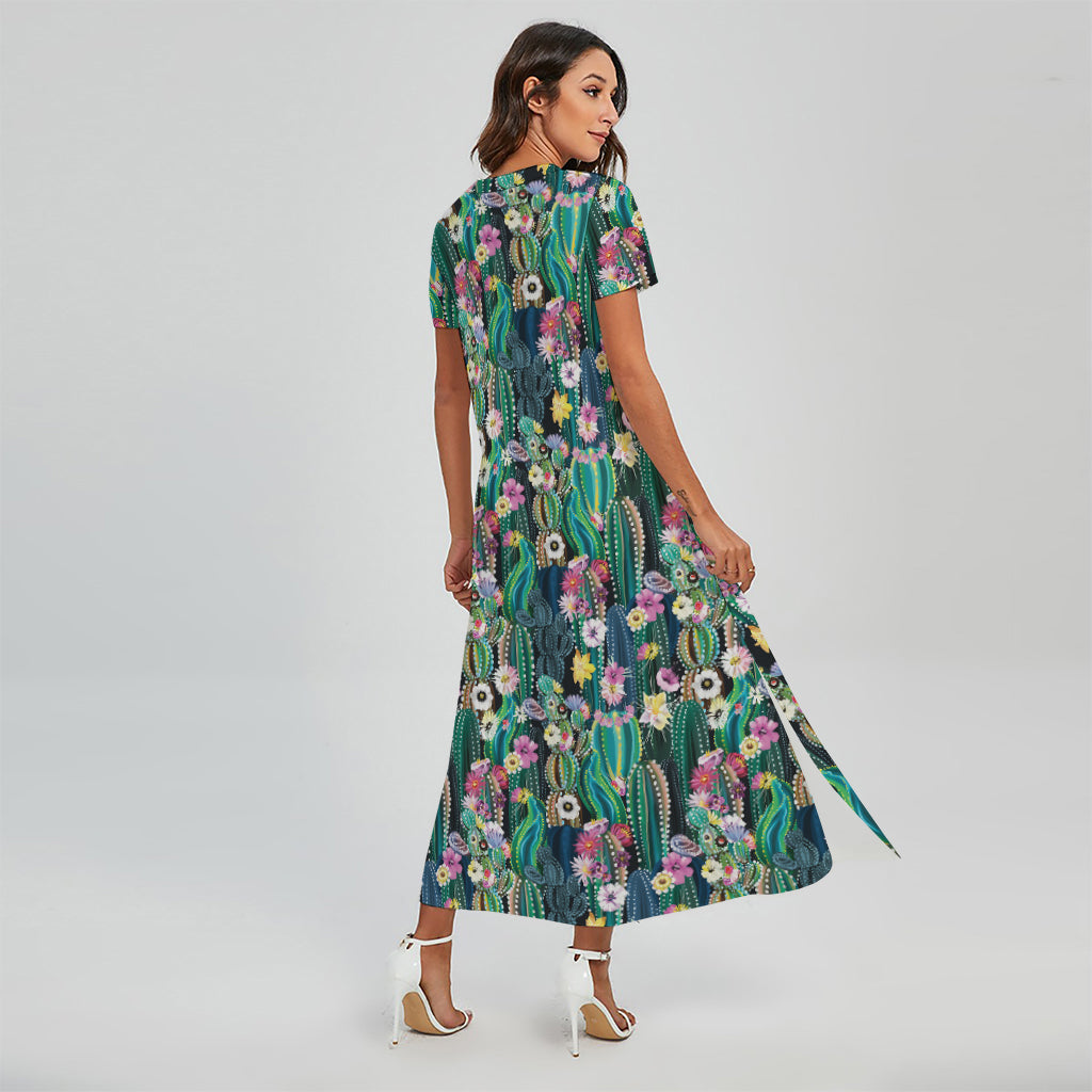 Watercolor Blooming Cactus Print Short Sleeve Maxi Dress