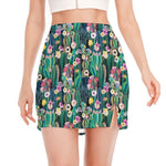 Watercolor Blooming Cactus Print Side Slit Mini Skirt